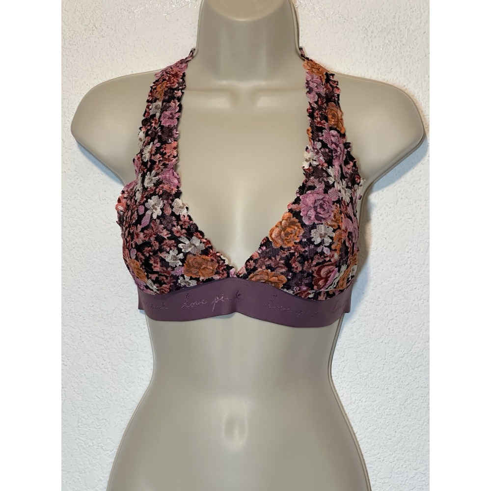 Victorias Secret PINK Lace‎ Bralette Large Purple Floral Removable Pads Festival